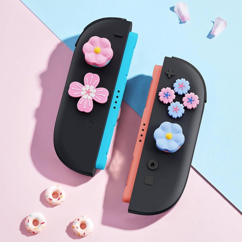 Jemdo Thumb Grips & Button Caps Set Compatible with Nintendo Switch 2 (2025) – 7pcs Pink/Blue Flower Silicone Joystick Caps and Button Covers, Cute & Comfortable Controller Stick Gifts for Girl & Kids - Image 5